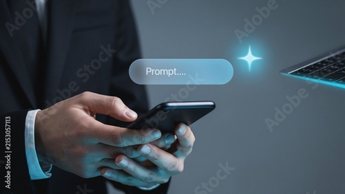Businessman holding smartphone with digital prompt interface and laptop