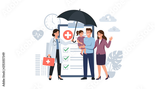 Family health insurance concept with doctor holding umbrella over parents and child daughter near medical checklist vector illustration
