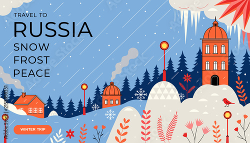 Travel to Russia: Snowy winter landscape with traditional architecture, pine trees, and festive elements.