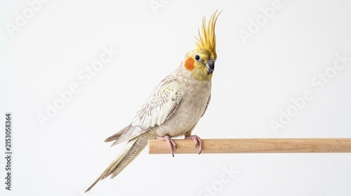 Foto Studio portrait of a cockatiel bird perched on a wooden stick against a bright n