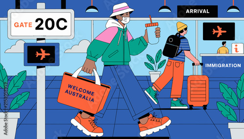 Travelers Arriving at Airport Gate with Luggage, 
