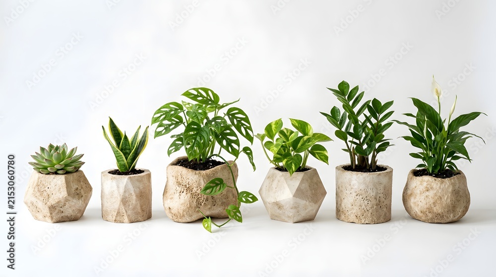 Fototapeta premium Collection of indoor houseplants in sustainable organic textured planters on a clean white background