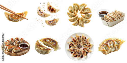 A set of gyoza dumplings, isolated on a transparent background PNG