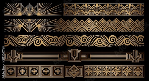 Art Deco Borders Collection - Golden Geometric Ornaments on Black Background