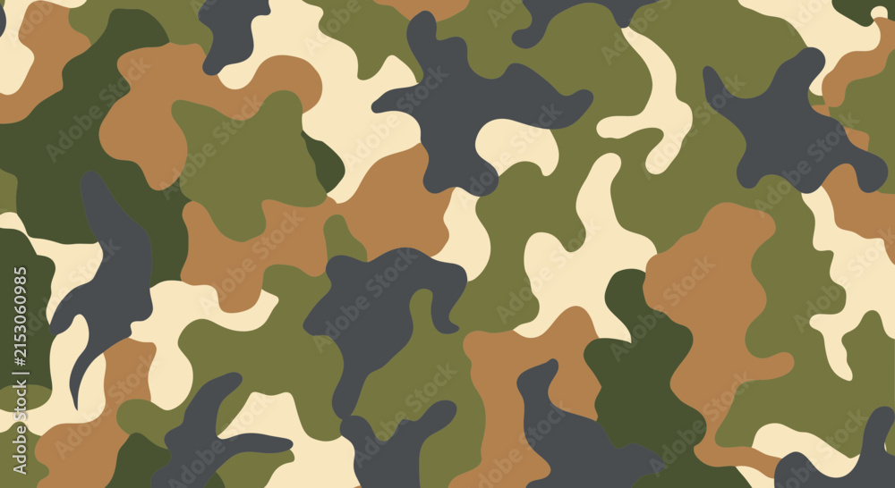 Naklejka premium Camouflage Pattern Background: Green, Brown, Black, Tan Military Design