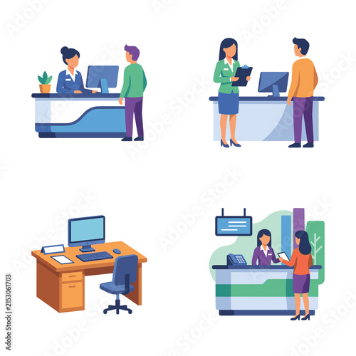 Business reception and office workspace flat vector illustrations