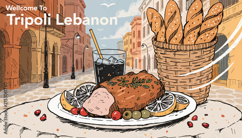 Tripoli Lebanon Feast: Roasted Meat, Baguettes, and Drink on Cobblestone Street with Historic Buildings