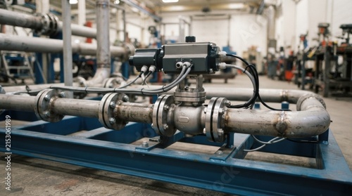 Automated flow control setup with control valve, actuator housing, steel pipeline, sensor cable, and industrial skid components.