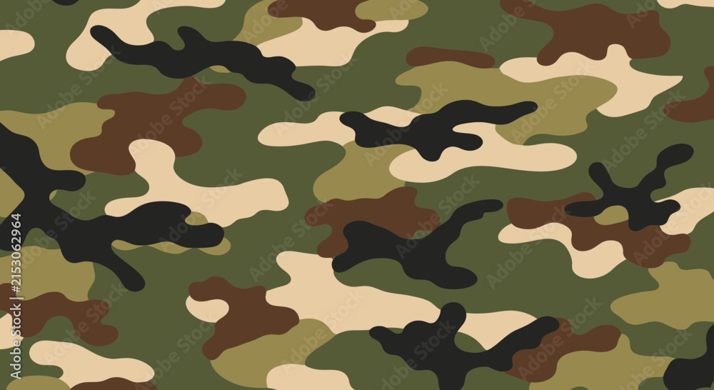 Fototapeta premium Camouflage Pattern - Green, Brown, Black, Tan Military Fabric Texture