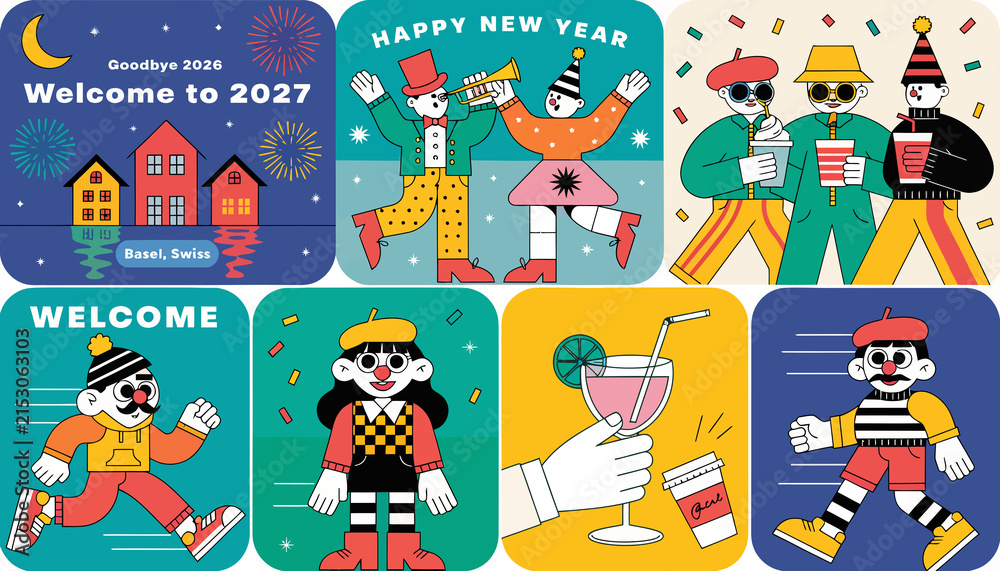 Fototapeta premium Creative New Year Celebration Illustrations: Diverse Characters and Festive Scenes