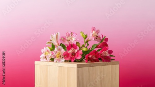 A wooden stand with a bouquet of pink and white flowers on a gradient pink background.