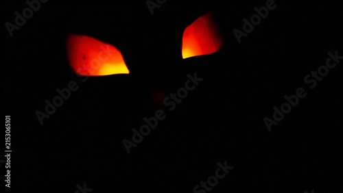Spooky glowing cat eyes in the dark, mysterious feline eyes illuminated in black background, halloween theme, glowing orange eyes in shadows
