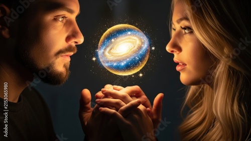 A man and a woman with their hands clasped in front of a glowing, colorful galaxy.