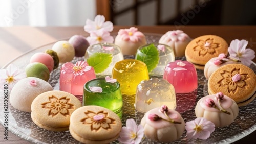 A plate of colorful sweets with cherry blossoms and cookies.