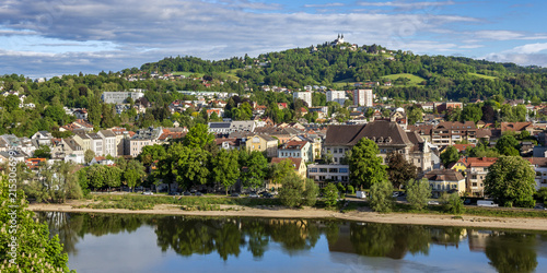 Elevated scenic view from Schlosspark (Castle Park) of the north side of the River Danube at Linz, Upper Austria