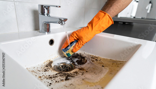 Housekeeper cleaning a dirty sink drain using an orange rubber glove and soapy water