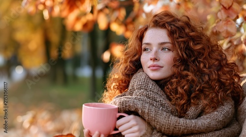 Red-haired woman in a cozy blanket drinking hot tea or coffee outdoors enjoying an relax autumn day