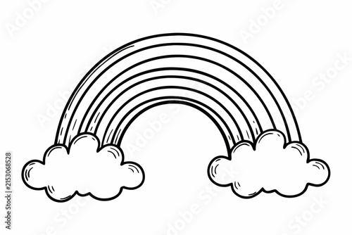 Hand drawn vector illustration featuring a simple rainbow arch with fluffy clouds isolated on a clean white graphic background design