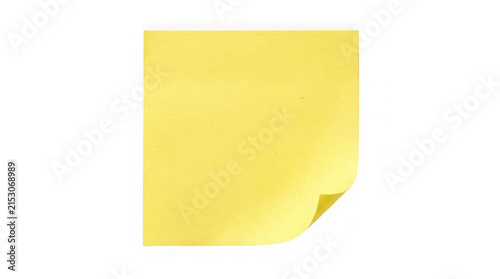 Yellow sticky note isolated on white background for office reminders and business planning