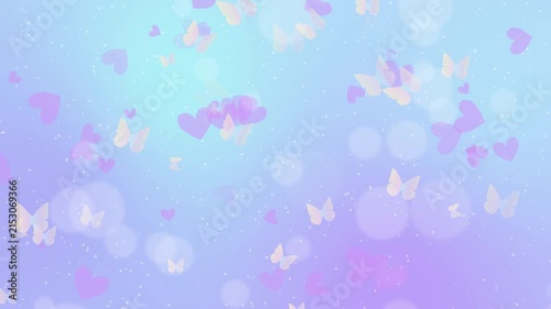 蝶とハートが舞うパステルブルーのファンタジーシームレスループ動画 / Pastel blue fantasy seamless loop video with flying butterflies and hearts