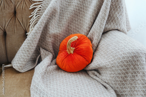 Obraz na plátně One orange pumpkin resting on a soft grey blanket draped over a sofa