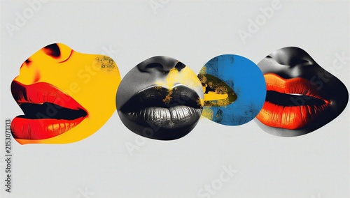 Abstract collage of colorful lips and mouth, symbolizing feminism, gender equality, voice, and human right.