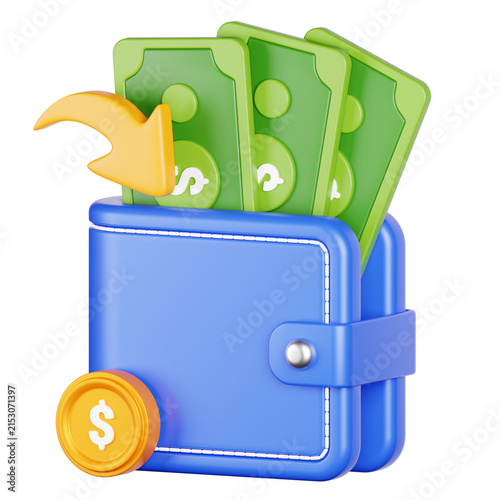 3D Render of Wallet With Cash and Coins
