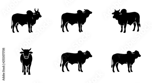 Brahman Cattle Silhouettes, Zebu Bull Icons, Livestock Vector Set, Farm Animal Graphics