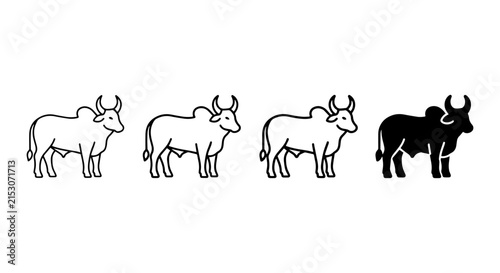 Zebu Cattle Icons, Indian Bull Vector Graphics, Livestock Silhouette Collection, Farm Animal Art