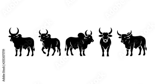 Black Bull Silhouettes Vector Set, Powerful Livestock Icons, Agricultural Symbols, Farm Animal Graphics