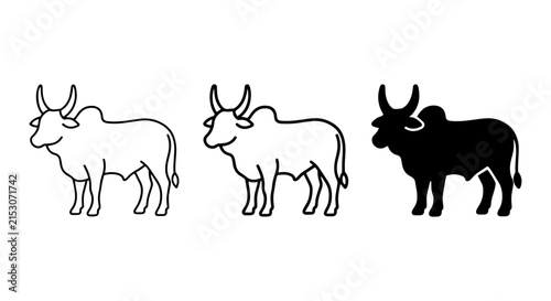 Indian Zebu Bull Icons, Outline and Silhouette Vector Graphics, Sacred Cattle Symbol