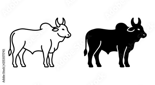 Zebu Bull Vector Icons, Black and White Outline Silhouette, Livestock and Agriculture Symbol