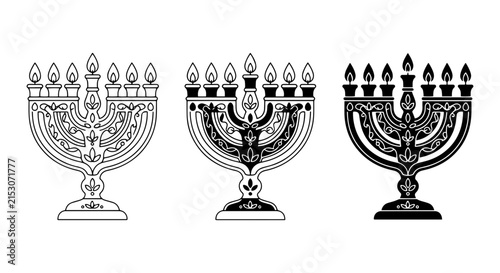 Ornate Menorah Vector Icons, Hanukkah Candlestick Symbols, Jewish Holiday Candle Holders, Black and White Designs