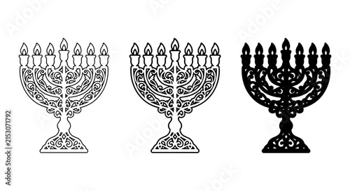Ornate Menorah Vector Icons, Hanukkah Candle Holder Silhouettes, Jewish Holiday Symbols