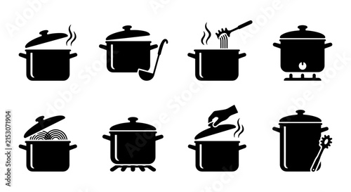 Cooking Pot Icons Set, Kitchenware Vector Graphics, Food Preparation Symbols, Culinary Action Illustrations