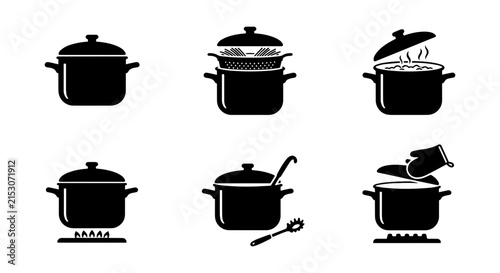 Cooking Pots Icons, Kitchenware Vector Set, Culinary Utensils, Food Preparation Graphics