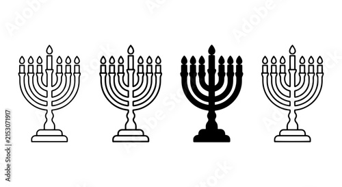 Hanukkah Menorah Icons, Jewish Holiday Candle Holders, Vector Set, Festive Celebration Symbols