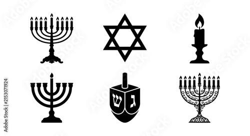 Jewish Symbols Vector Icons: Menorahs, Star of David, Dreidel, Candle, Hanukkah, Religious