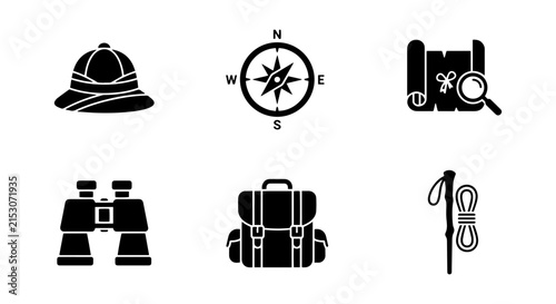 Adventure Icons: Safari Hat, Compass, Map, Binoculars, Backpack, Trekking Pole Set