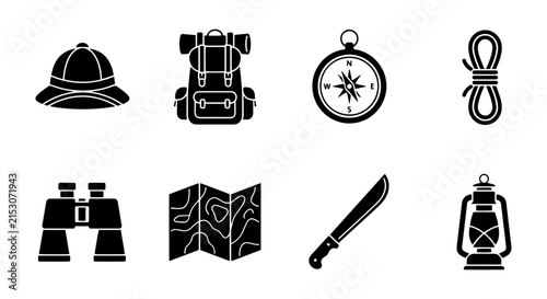Adventure Gear Icons: Safari Hat, Backpack, Compass, Rope, Binoculars, Map, Machete, Lantern