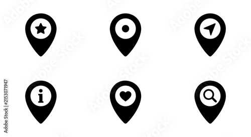 Location Pin Icons Set: Navigation, Information, Favorites, Search, Star, Target