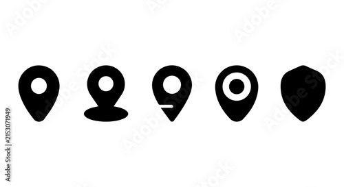 Set of 5 Black Location Pin Icons, Navigation Markers, Map Pointers, Geo Tag Symbols, Travel & Delivery Vectors