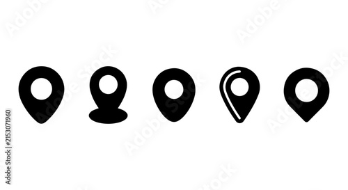 Set of 5 Black Location Pointers, Map Pin Icons, Navigation Markers, GPS Symbols, Geo Tag Graphics
