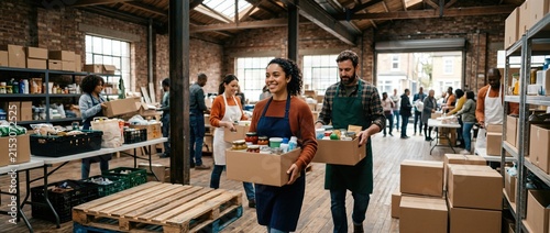 Diverse volunteers working together in a food bank warehouse for charity