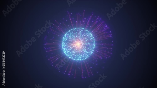 3D render of exploding futuristic sphere shape with glowing beams, 4K abstract animated background