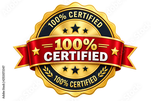 Gold and Red Certified Badge with Ribbon and Stars – Abstract, Digital, Badge, Seal, Symbol, Design, Quality, Award, Label, Icon, Recognition, PNG, Transparent Background
