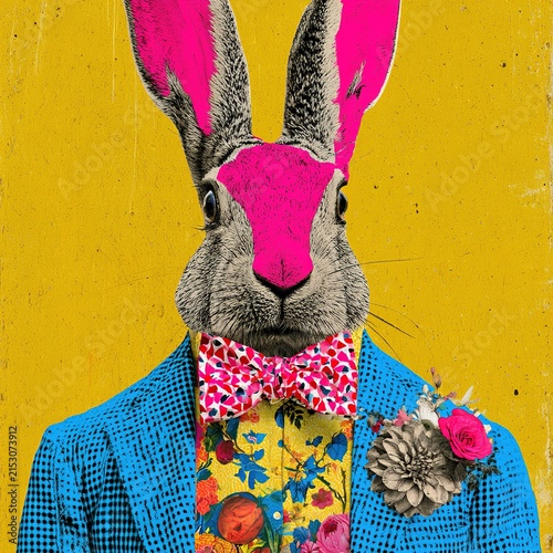 Anthropomorphic rabbit wearing colorful suit and bow tie