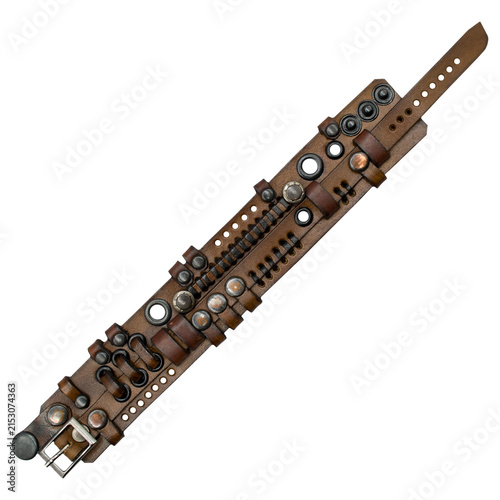Brown leather bracelet featuring a distinctive steampunk aesthetic with vintage industrial character. Ideal as a mockup for designers, accessory concepts, alternative fashion and product presentations