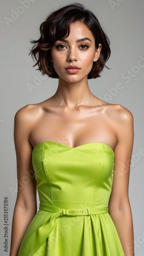 a brunette woman with short hair wearing a green lime summer dress posing in the studio, fashion photography, spring summer collection	