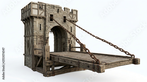 Medieval stone castle gatehouse with a wooden drawbridge on white background